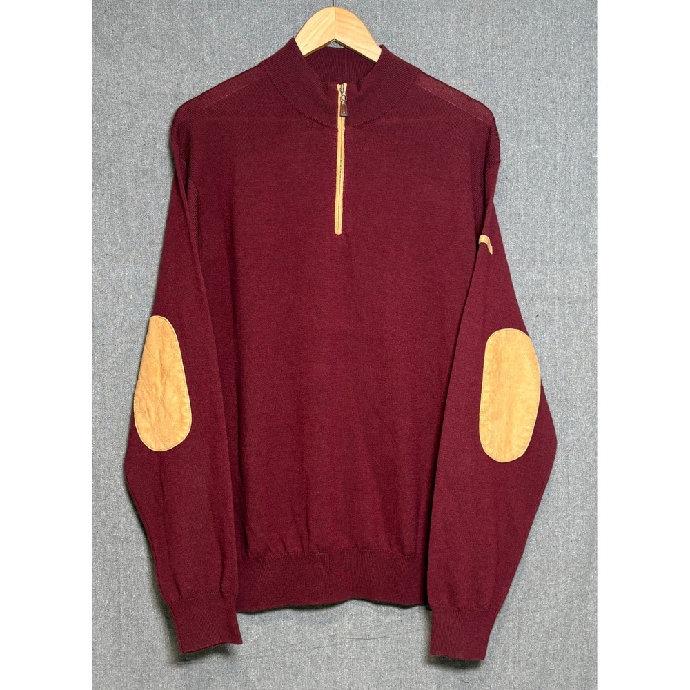 Peter Millar Mens XL Burgundy 100% Merino Wool Quarter Zip Sweater Elbow Patches